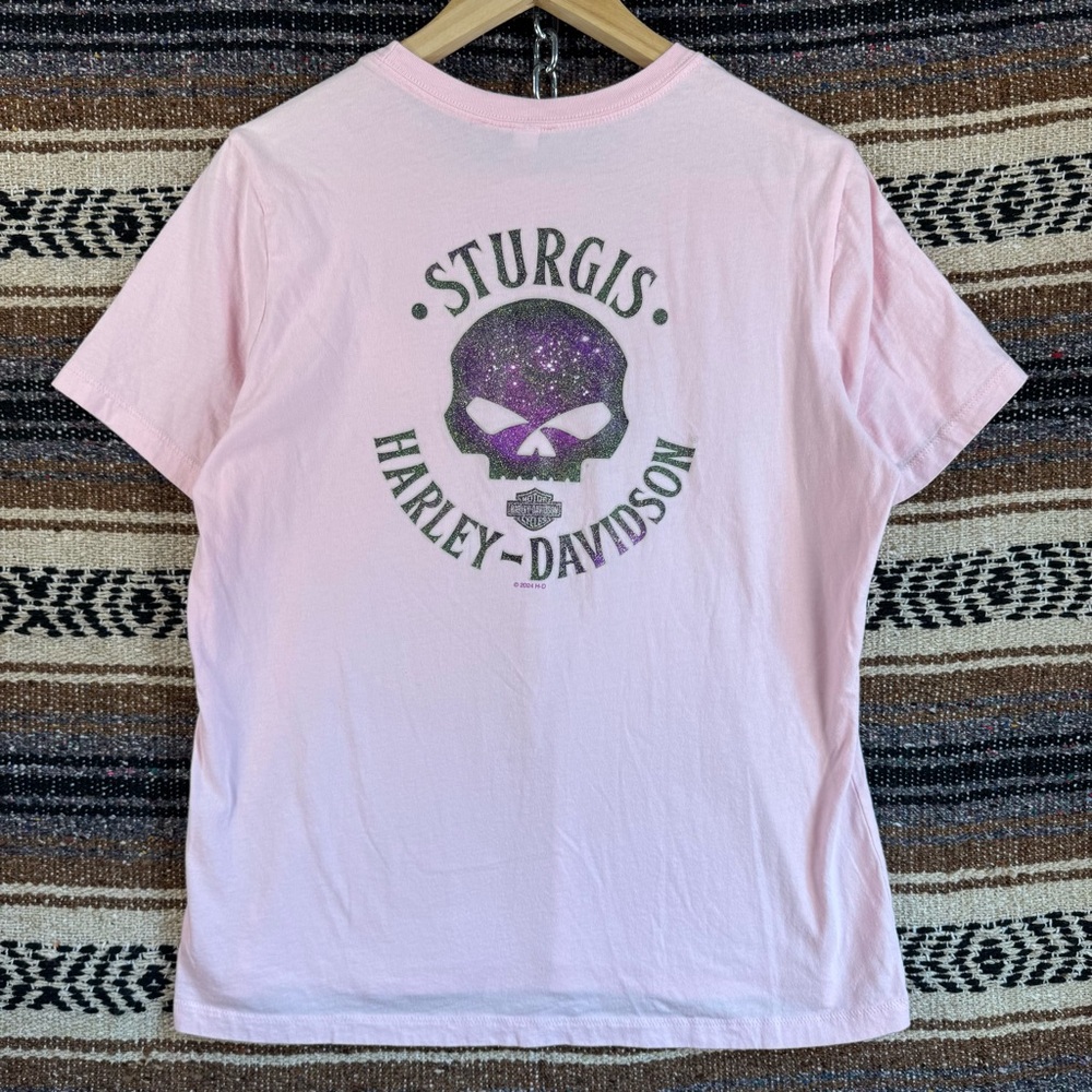 2024 Harley-Davidson Sturgis Rally T-Shirt Womens L Pink Glitter Skull Graphic
